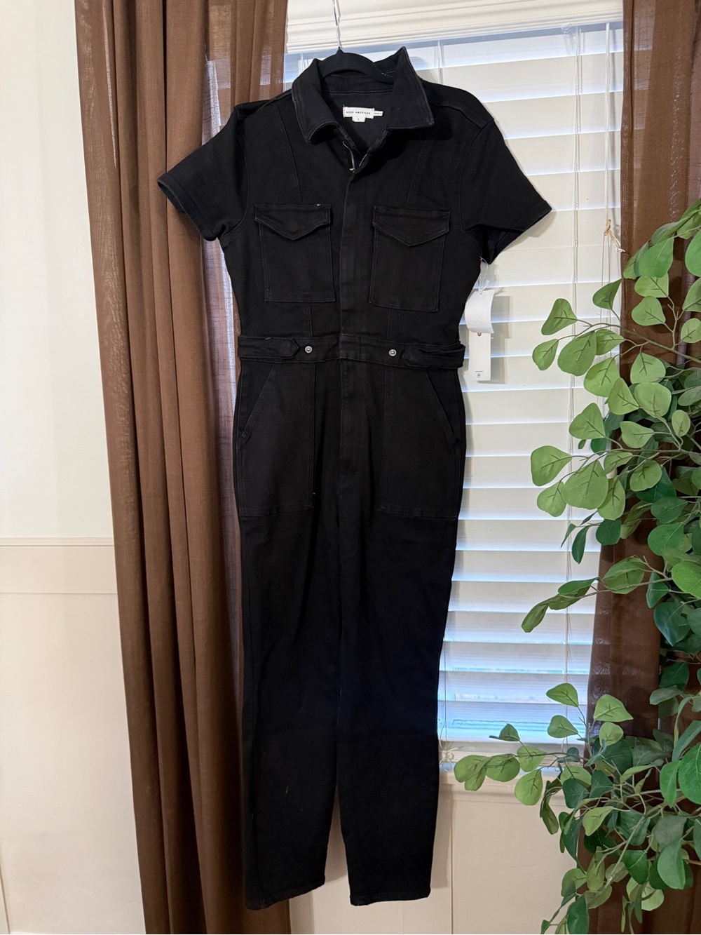 Good American Black Short-Sleeve Zip Utility Jumpsuit